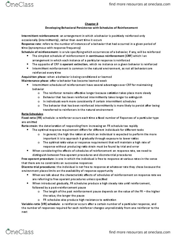 FRHD 3150 Chapter Notes - Chapter 8: Reinforcement, Behavior Modification, Matching Law thumbnail