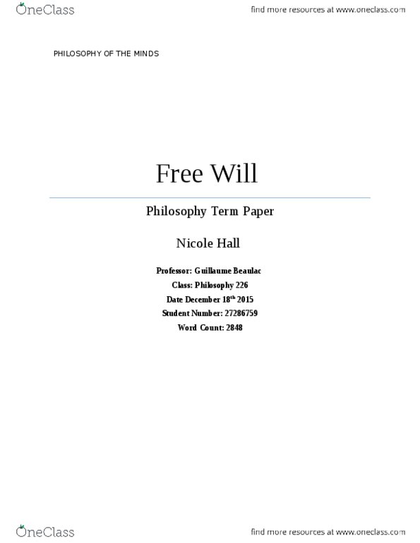 PHIL 210 Lecture Notes - Lecture 16: Compatibilism, Harry Frankfurt, Determinism thumbnail