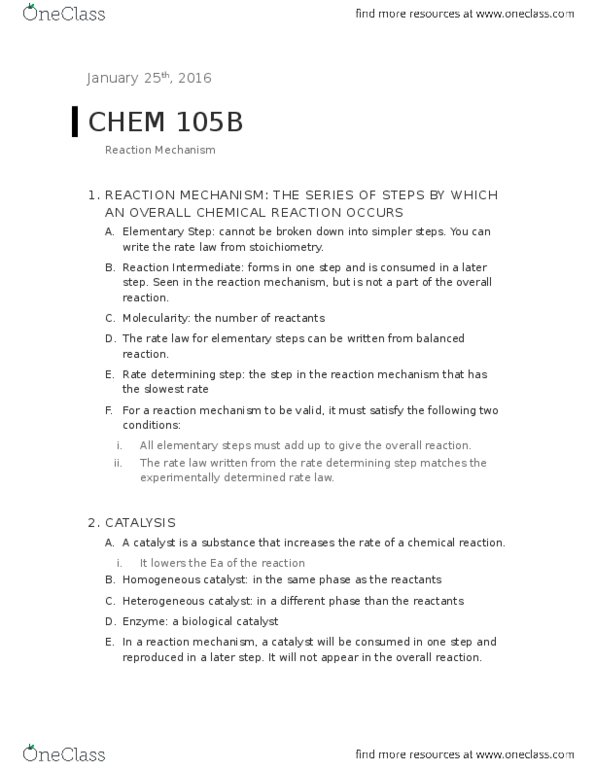CHEM 105bL Lecture Notes - Lecture 6: Rate-Determining Step, Reaction Mechanism, Rate Equation thumbnail