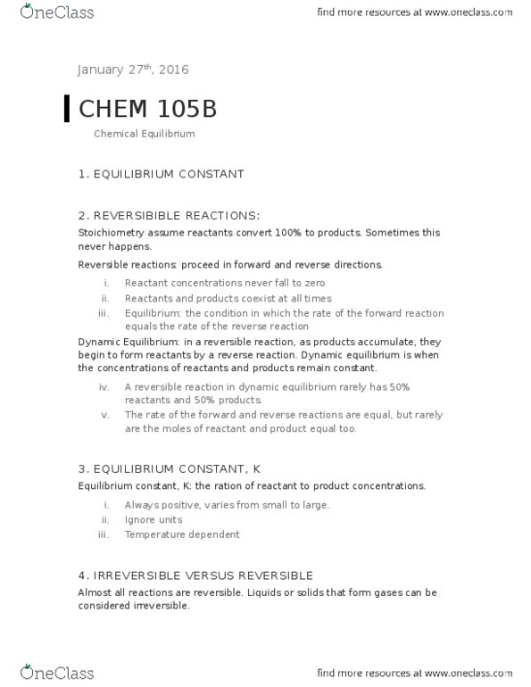 CHEM 105bL Lecture Notes - Lecture 7: Equilibrium Constant, Reversible Reaction, Dynamic Equilibrium thumbnail