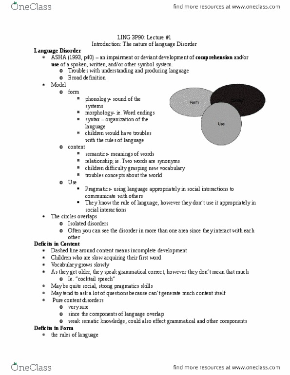 LING 3P90 Lecture Notes - Lecture 1: Language Disorder, Cerebral Palsy, Hearing Loss thumbnail