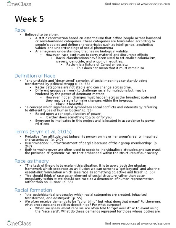 SOCA02H3 Lecture Notes - Lecture 5: White Supremacy, Circular Reasoning, Racialization thumbnail