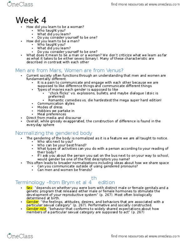 SOCA02H3 Lecture Notes - Lecture 4: Gender Role, Circular Reasoning, Masculinity thumbnail