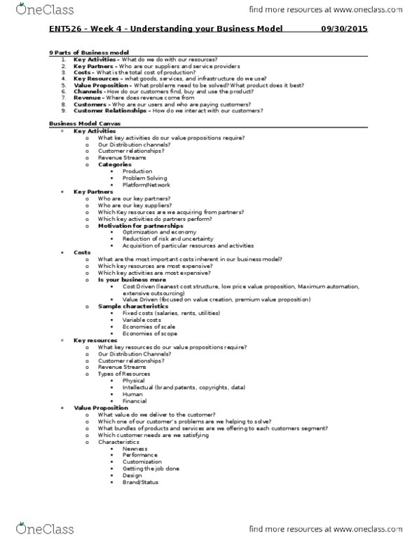 ENT 526 Lecture Notes - Lecture 4: Business Model Canvas, Value Proposition, Making Money thumbnail