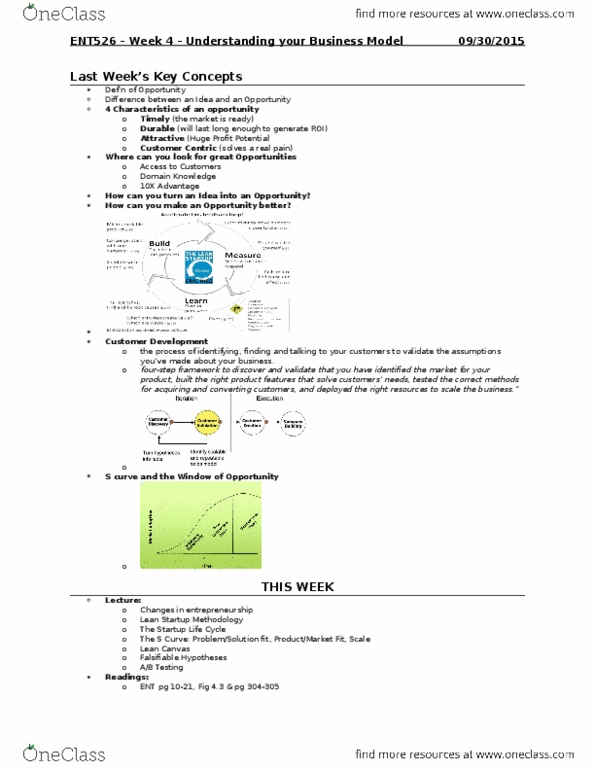 ENT 526 Lecture Notes - Lecture 4: Business Model Canvas, Steve Blank, Customer Development thumbnail