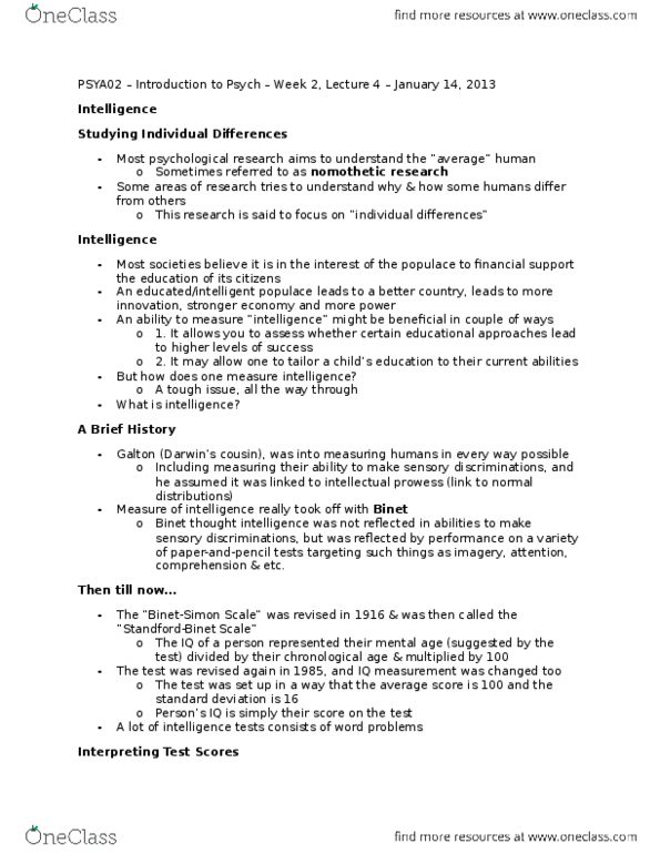 PSYA02H3 Lecture Notes - Lecture 3: Nomothetic, Standard Deviation thumbnail