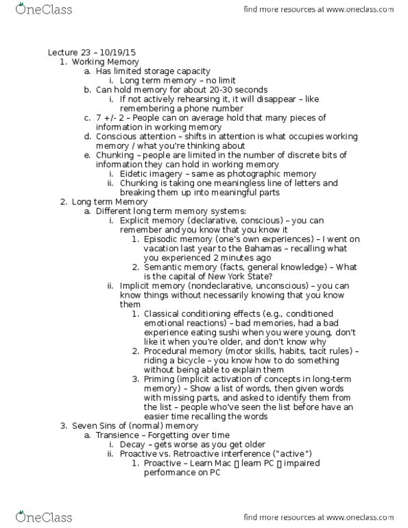 U09 Psych 100 Lecture Notes - Lecture 23: Implicit Memory, Eidetic Memory, Semantic Memory thumbnail