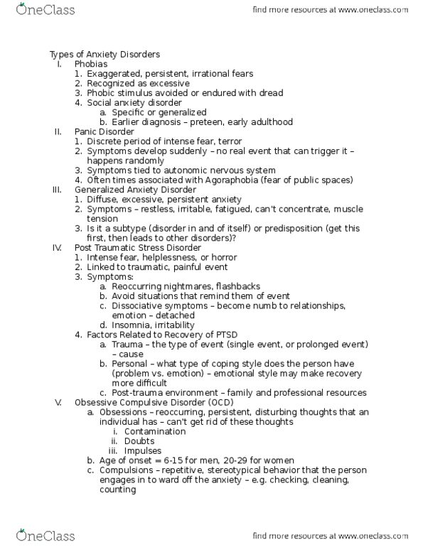 U09 Psych 100 Lecture Notes - Lecture 43: Posttraumatic Stress Disorder, Social Anxiety Disorder, Generalized Anxiety Disorder thumbnail