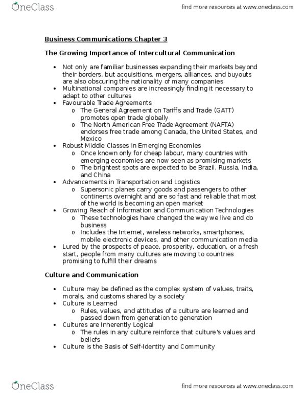 MGMT 1000 Chapter Notes - Chapter 3: North American Free Trade Agreement, Nonverbal Communication, Collectivism thumbnail