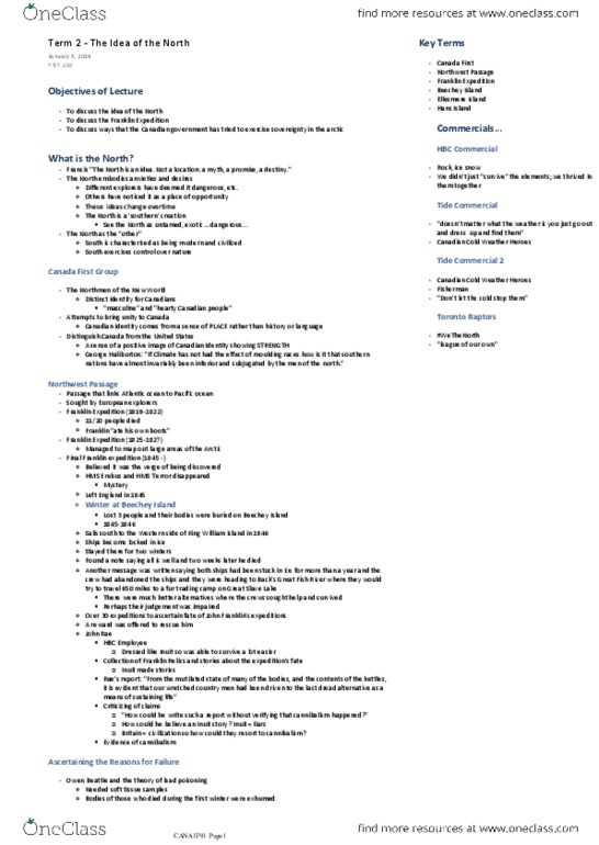 CANA 1F91 Lecture Notes - Lecture 9: King William Island, Beechey Island, Northwest Passage thumbnail