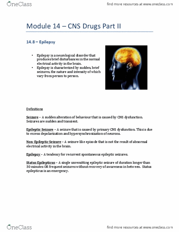 Pharmacology 2060A/B Lecture Notes - Lecture 14: Clonus, Calcium Channel Blocker, Temporal Lobe thumbnail