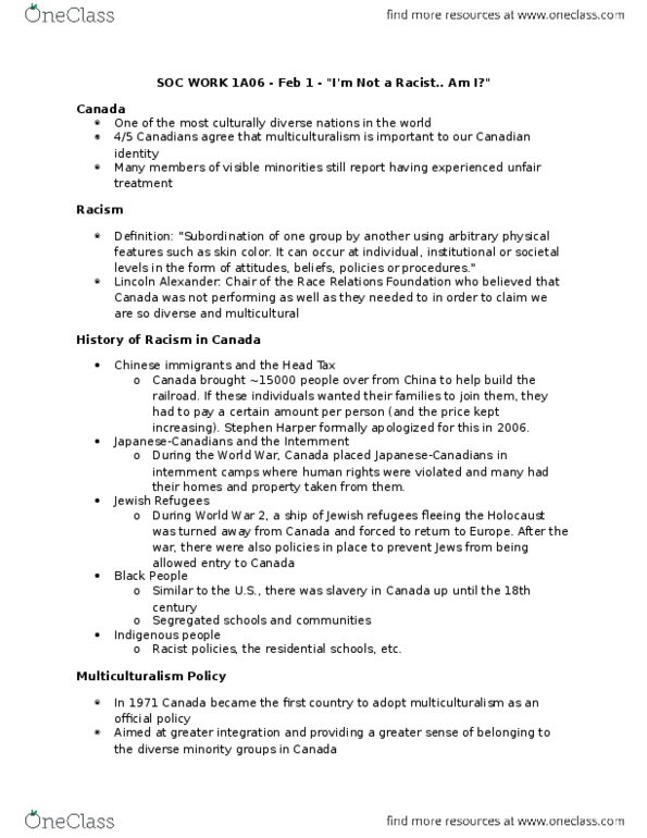 SOCWORK 1A06 Lecture Notes - Lecture 4: Canadian Identity, Visible Minority, Pierre Trudeau thumbnail