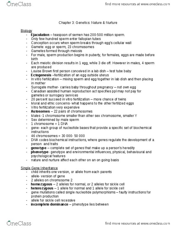 PSYCH211 Chapter Notes - Chapter 3: In Vitro Fertilisation, Twin, Single-Nucleotide Polymorphism thumbnail