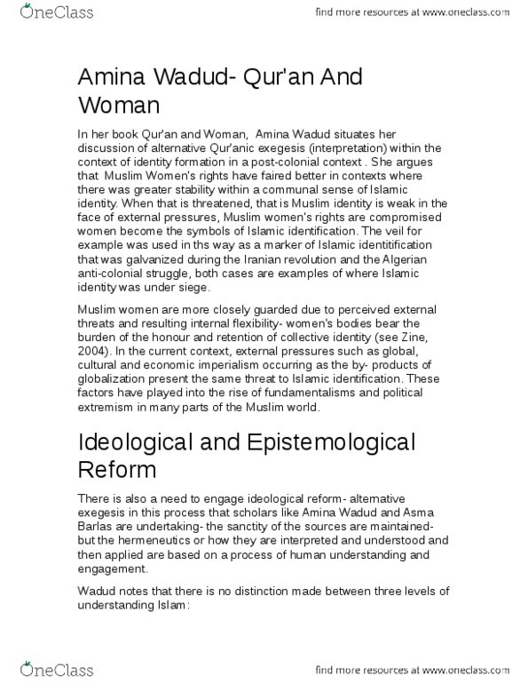 SOC 885 Lecture Notes - Lecture 5: Amina Wadud, Asma Barlas, Iranian Revolution thumbnail