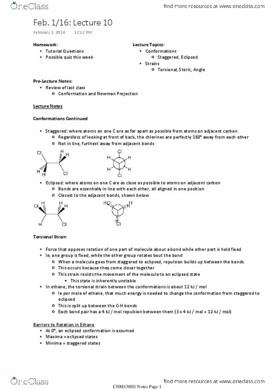 CHM136H1 Lecture Notes - Lecture 10: Van Der Waals Strain, Newman Projection, Ethane thumbnail