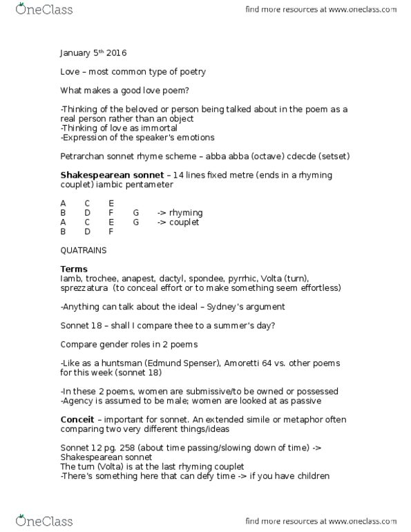 EN 2100 Lecture Notes - Lecture 11: Edmund Spenser, Sonnet 18, Sprezzatura thumbnail