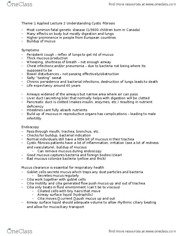 BIOLOGY 1A03 Lecture Notes - Lecture 4: Cystic Fibrosis, Pancreatic Duct, Goblet Cell thumbnail