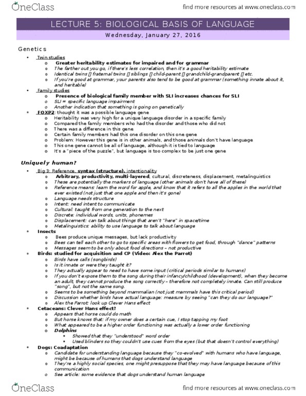 PSY 3136 Lecture Notes - Lecture 5: Twin, Kanzi, Language Disorder thumbnail