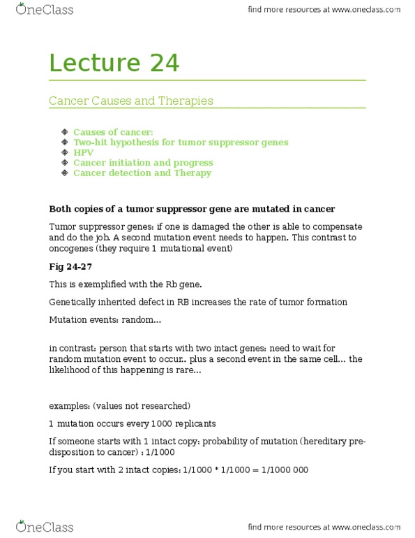 BIOL201 Lecture Notes - Lecture 24: Tumor Suppressor Gene, Cervical Cancer, P53 thumbnail