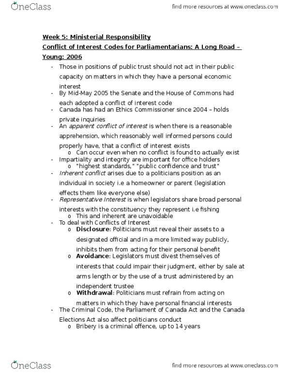 POLS 3440 Lecture Notes - Lecture 5: Canada Elections Act, Cabinet Collective Responsibility, Canada Act 1982 thumbnail