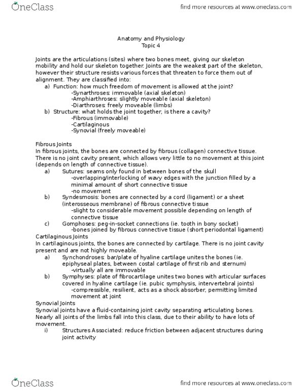 ANP 1106 Lecture Notes - Lecture 4: Dense Irregular Connective Tissue, Synovial Joint, Synovial Fluid thumbnail