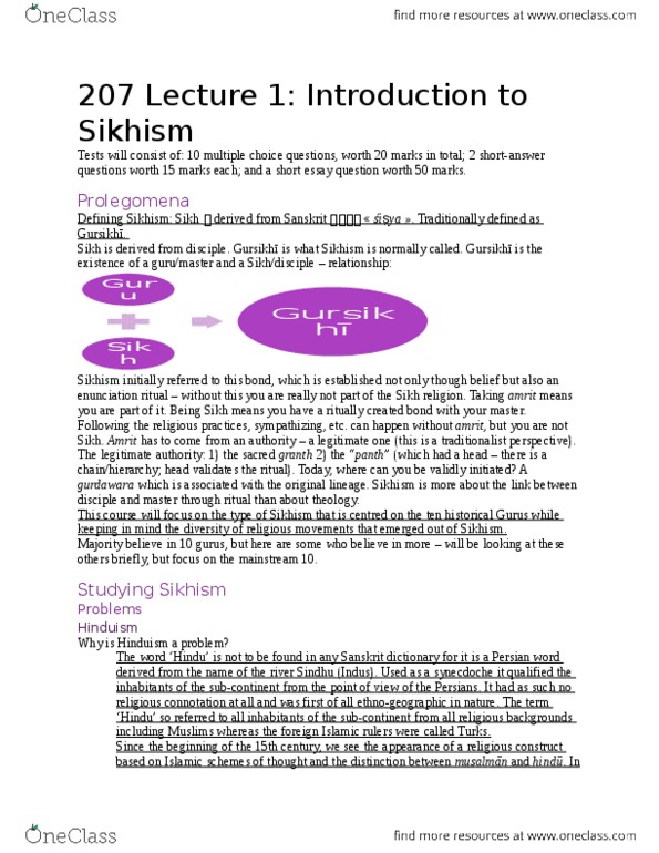 RLG207H5 Lecture Notes - Lecture 1: Guru Gobind Singh, Dasam Granth, Indus River thumbnail