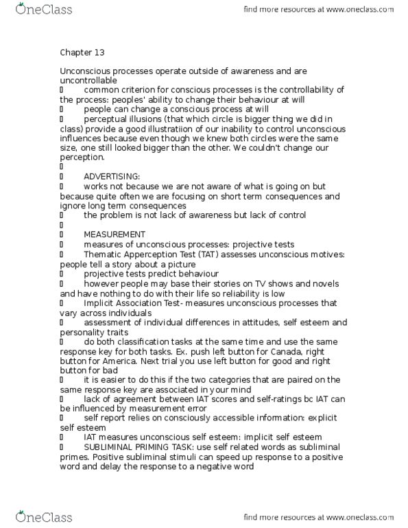 PSY230H5 Lecture Notes - Lecture 13: Thematic Apperception Test, Implicit-Association Test, Subliminal Stimuli thumbnail