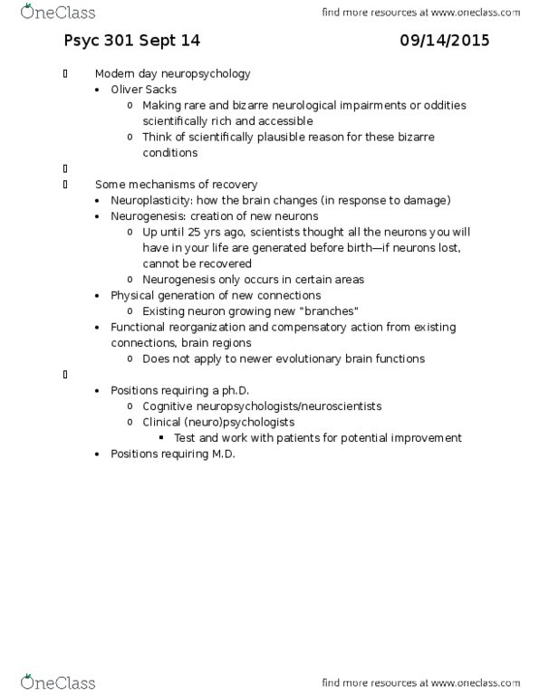 PSYC 301 Lecture Notes - Lecture 2: Peripheral Nervous System, Schwann Cell, Oliver Sacks thumbnail