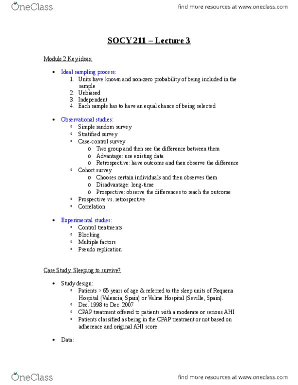 SOCY 211 Lecture Notes - Lecture 3: Statistical Population, Cohort Study, Observational Study thumbnail