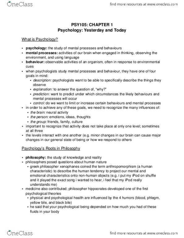 PSY 105 Chapter Notes - Chapter 1: Phlegm, Behaviorism, Behavioral Neuroscience thumbnail