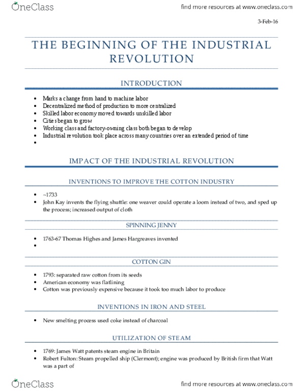 HIST-0054 Lecture Notes - Lecture 4: Industrial Revolution thumbnail