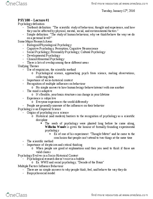 PSY100H1 Lecture Notes - Lecture 1: Wilhelm Wundt, Experimental Psychology, Scientific Method thumbnail