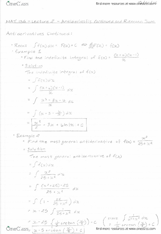 MAT136H1 Lecture Notes - Lecture 2: Riemann Sum, Inverse Trigonometric Functions, Antiderivative thumbnail