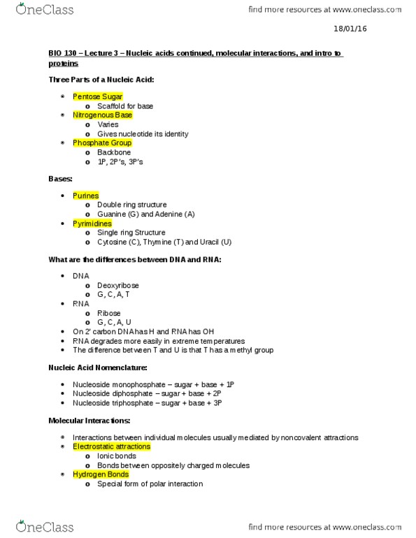 BIO130H1 Lecture Notes - Lecture 3: Nucleoside Triphosphate, Nucleic Acid Nomenclature, Nucleoside thumbnail