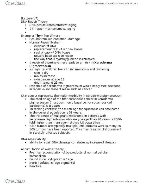 BIOL355 Lecture Notes - Lecture 17: Xeroderma Pigmentosum, Pyrimidine Dimer, Melanoma thumbnail