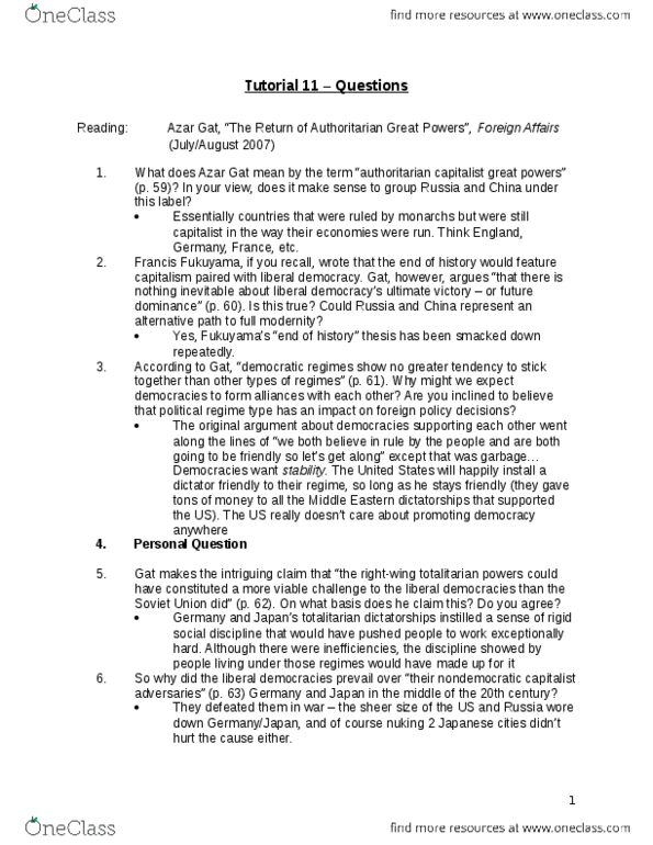 Political Science 1020E Lecture Notes - Lecture 11: Totalitarianism, Francis Fukuyama, Azar Gat thumbnail
