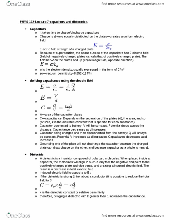 PHYS 102 Lecture Notes - Lecture 7: Relative Permittivity, Energy Density, Capacitor thumbnail