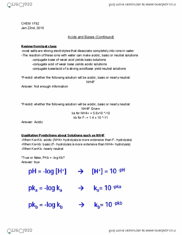 CHEM 1F92 Lecture Notes - Lecture 9: Hydrolysis, Sodium Acetate, Conjugate Acid thumbnail