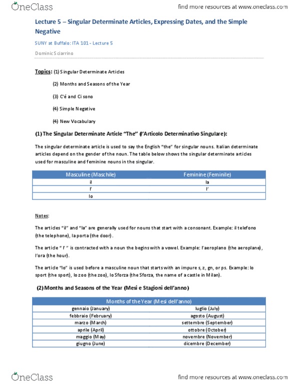 ITA 101 Lecture 5: Singular Determinate Articles, Expressing Dates, and the Simple Negative thumbnail