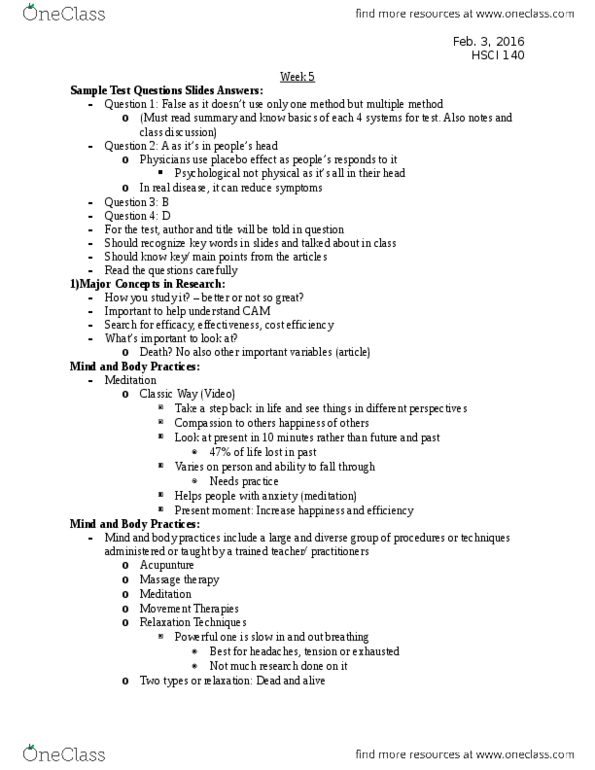 HSCI 140 Lecture Notes - Lecture 5: Recall Bias, Chiropractic, Cortisol thumbnail