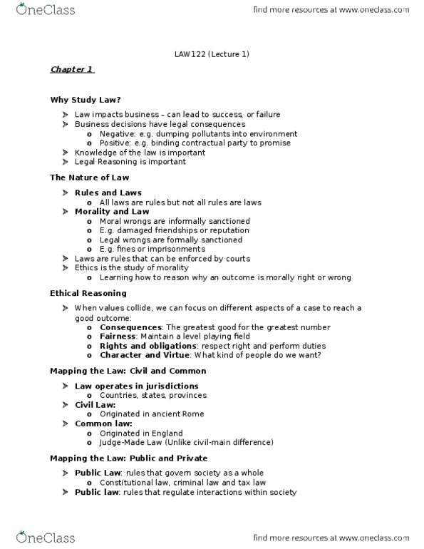 LAW 122 Lecture Notes - Lecture 1: Ultra Vires, Precedent, Public Law thumbnail