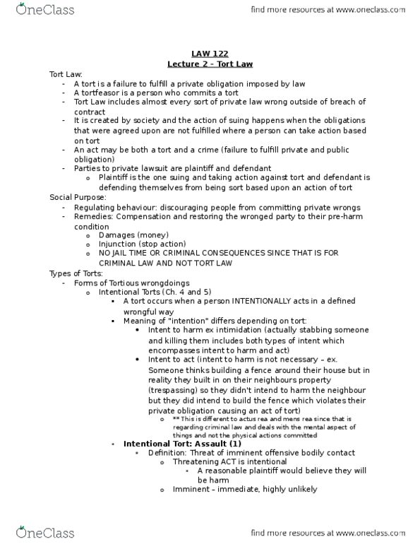 LAW 122 Lecture Notes - Lecture 2: Strict Liability, Professional Negligence In English Law, Product Liability thumbnail