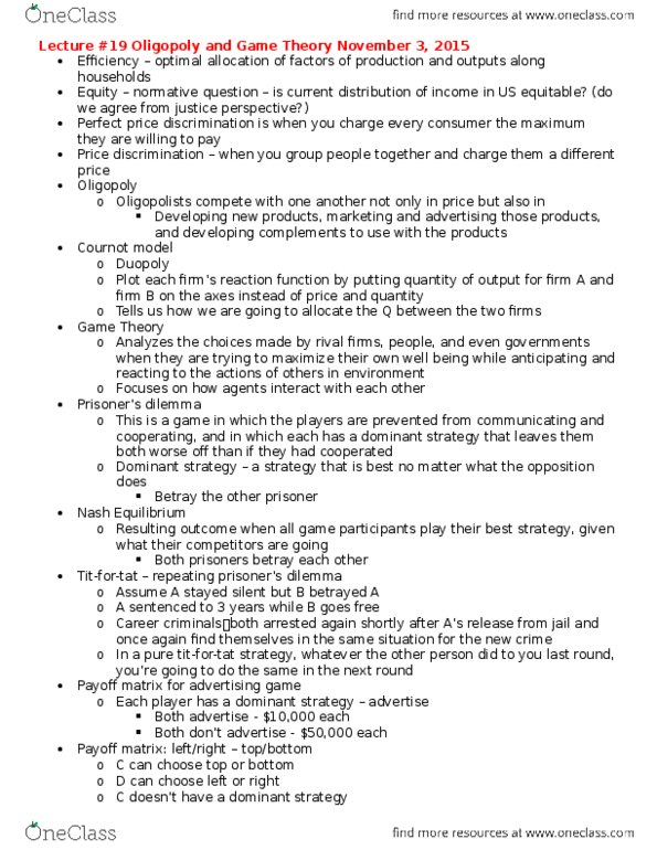 ECON 1110 Lecture Notes - Lecture 19: Normal-Form Game, Oligopoly, Strategic Dominance thumbnail