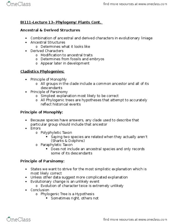 BI111 Lecture Notes - Lecture 13: Polyphyly, Cladistics, Paraphyly thumbnail