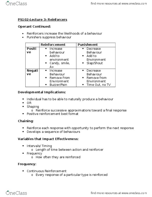 PS102 Lecture Notes - Lecture 3: Classical Conditioning, Reinforcement, Operant Conditioning thumbnail