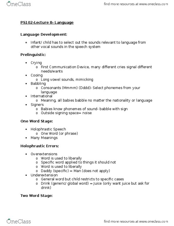 PS102 Lecture Notes - Lecture 8: American Sign Language, Vowel Length, Metalinguistic Awareness thumbnail