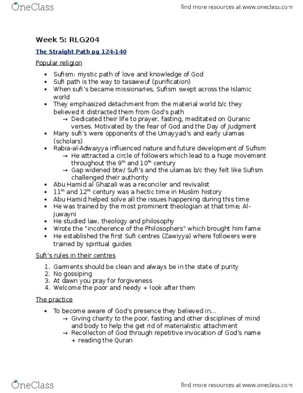RLG204H5 Lecture Notes - Lecture 5: Al-Ghazali, Ahmad Ibn Hanbal, Wilayah thumbnail