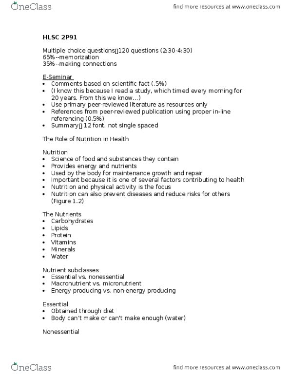 HLSC 2P91 Lecture Notes - Lecture 1: Health Canada, Dietitian, Multiple Choice thumbnail