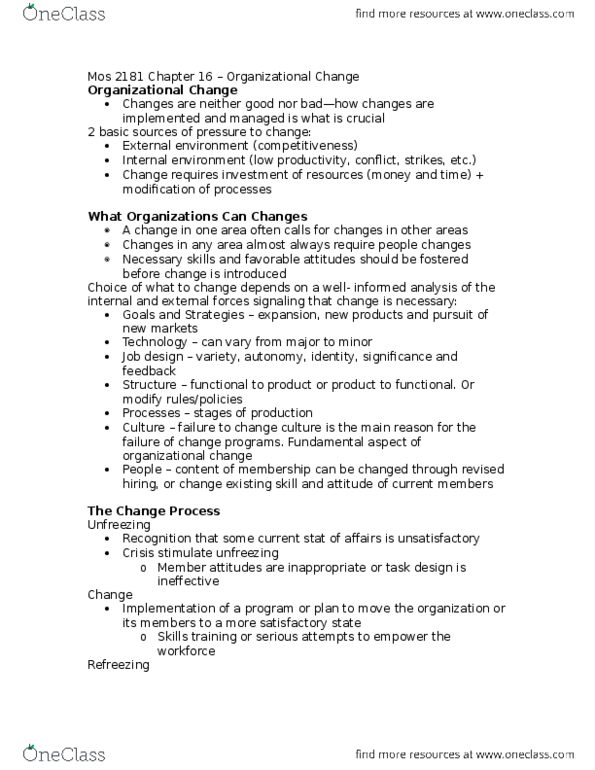 Management and Organizational Studies 2181A/B Chapter Notes - Chapter 16: Job Satisfaction, Organizational Learning, Organizational Culture thumbnail