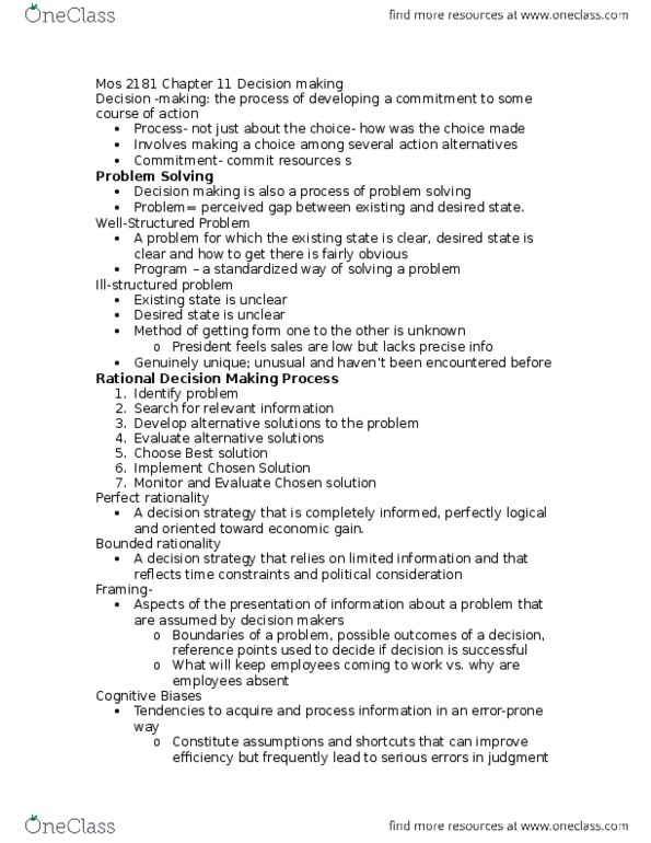 Management and Organizational Studies 2181A/B Chapter Notes - Chapter 11: Delphi Method, Information Overload, Bounded Rationality thumbnail